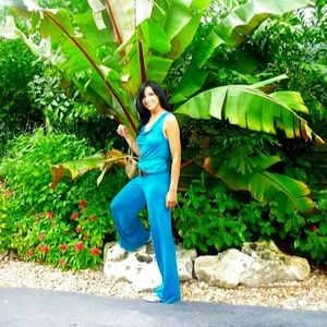 Jumpsuit Romper Teal Long Pants, open back